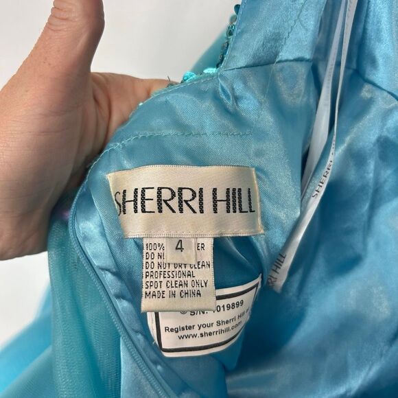 Sherri Hill Dress sz 4 Turquoise blue Sequins V Neck Mini Tulle Open Back Short - Picture 9 of 16